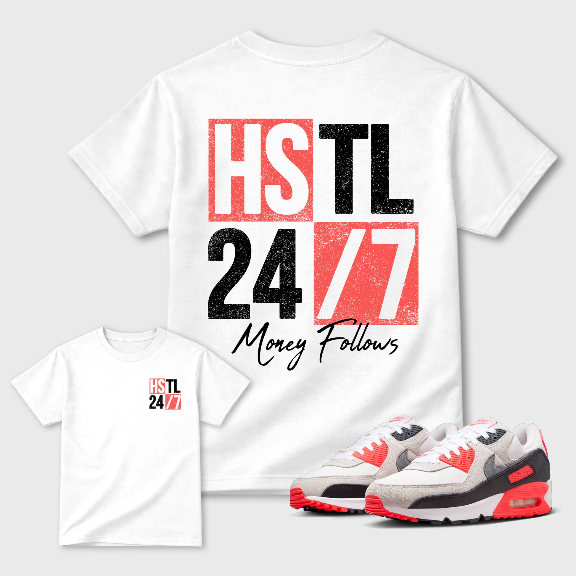 Hustle 247 sneaker match t-shirt styled to complete your fit with the Air Max 90 Infrared sneakers, double side graphic tee.