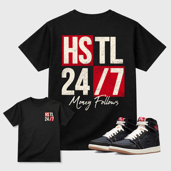 Hustle 247graphic t-shirt. Streetwear sneakerfit. Sneaker outfit. Complete your fit with the Air Jordan 1 Flight Club sneakers, shown in Black.