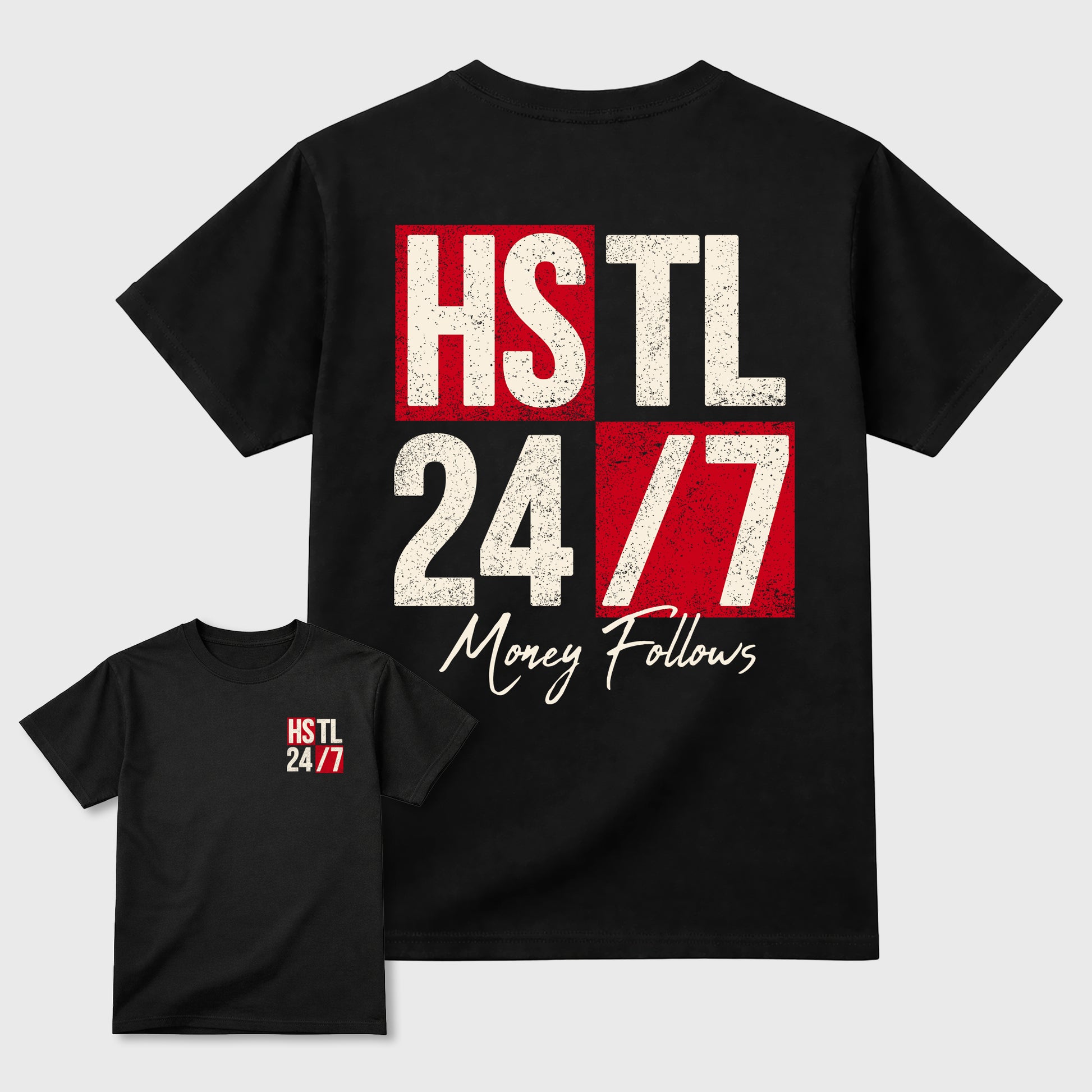 Hustle 247graphic t-shirt. Streetwear sneakerfit. Sneaker outfit. Complete your fit with the AJ1 Flight Club sneakers,, shown in Black.
