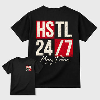 Hustle 247graphic t-shirt. Streetwear sneakerfit. Sneaker outfit. Complete your fit with the AJ1 Flight Club sneakers,, shown in Black.
