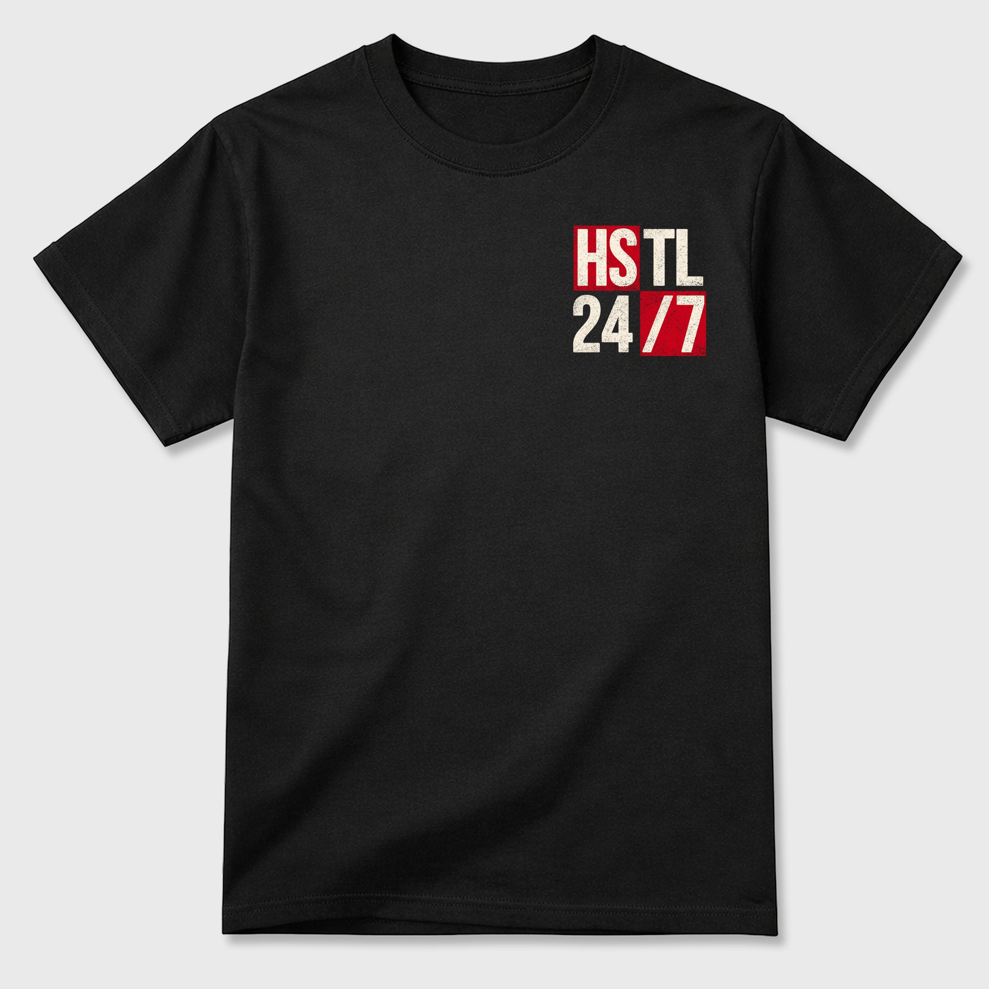 Hustle 247graphic t-shirt. Streetwear sneakerfit. Sneaker outfit. Complete your fit with the AJ1 Flight Club sneakers,, shown in Black.