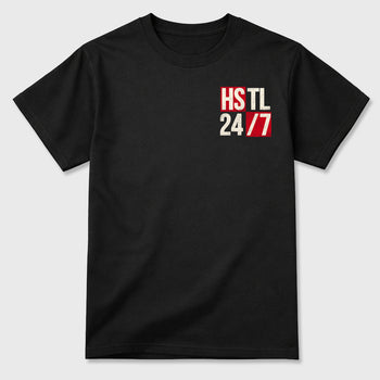 Hustle 247graphic t-shirt. Streetwear sneakerfit. Sneaker outfit. Complete your fit with the AJ1 Flight Club sneakers,, shown in Black.