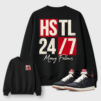 Hustle 247graphic t-shirt. Streetwear sneakerfit. Sneaker outfit. Complete your fit with the AJ1 Flight Club sneakers,, shown in Black.