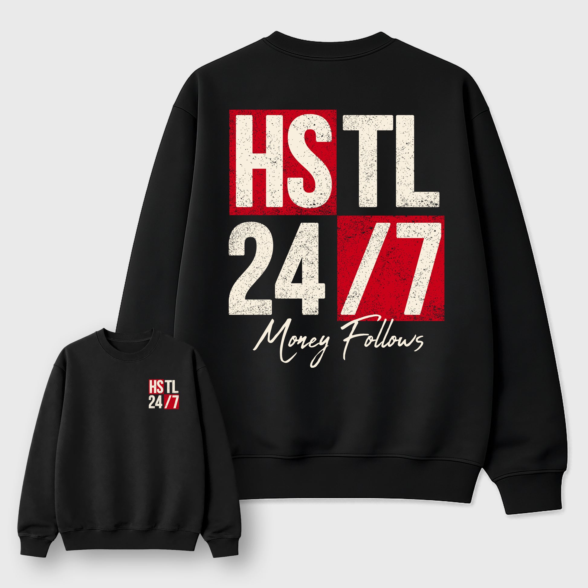 Hustle 247graphic t-shirt. Streetwear sneakerfit. Sneaker outfit. Complete your fit with the AJ1 Flight Club sneakers,, shown in Black.