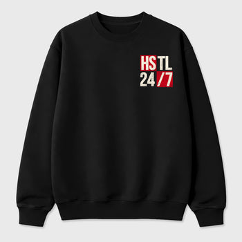 Hustle 247graphic t-shirt. Streetwear sneakerfit. Sneaker outfit. Complete your fit with the AJ1 Flight Club sneakers,, shown in Black.