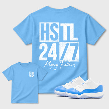 Hustle 247 double side sneaker match graphic tee styled to complete your fit with the Air Jordan 11 Legend Blue, shown in Carolina Blue.