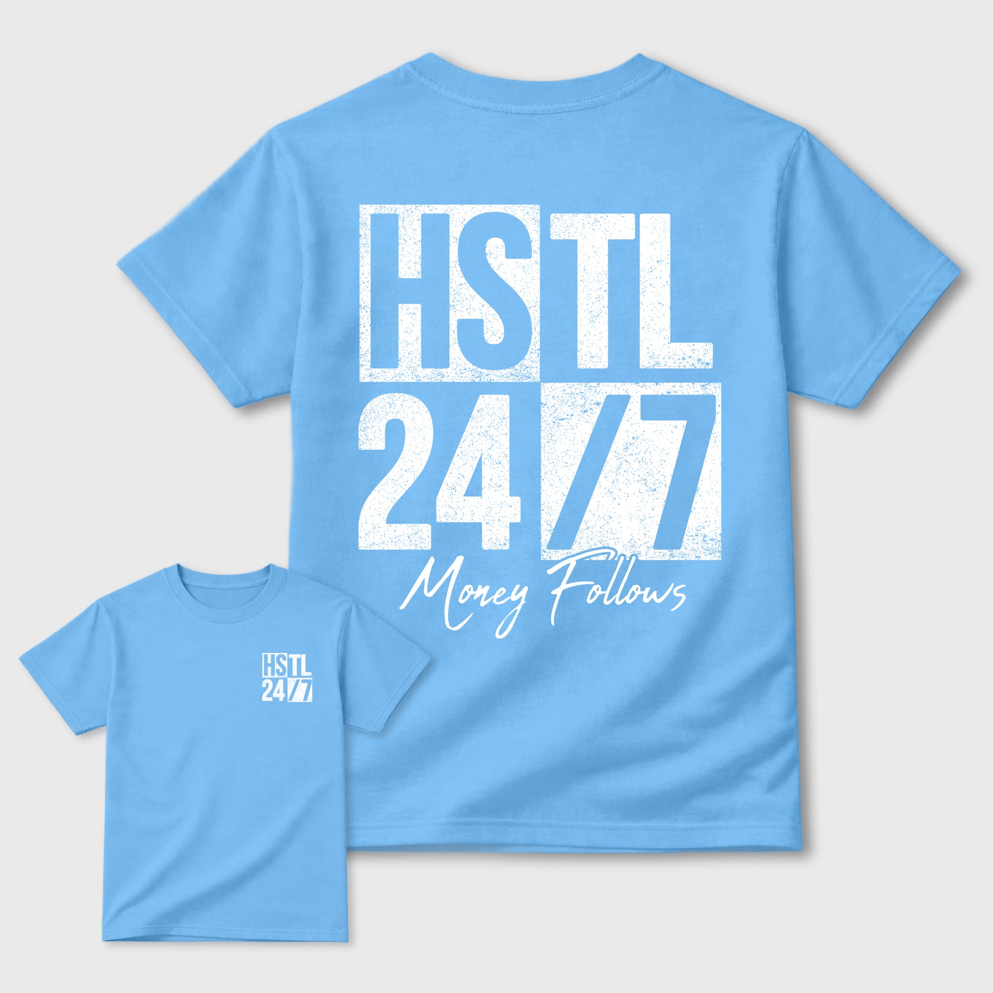 Hustle 247 double side sneaker match graphic tee styled to complete your fit with the Air Jordan 11 Legend Blue, shown in Carolina Blue.