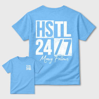 Hustle 247 double side sneaker match graphic tee styled to complete your fit with the Air Jordan 11 Legend Blue, shown in Carolina Blue.