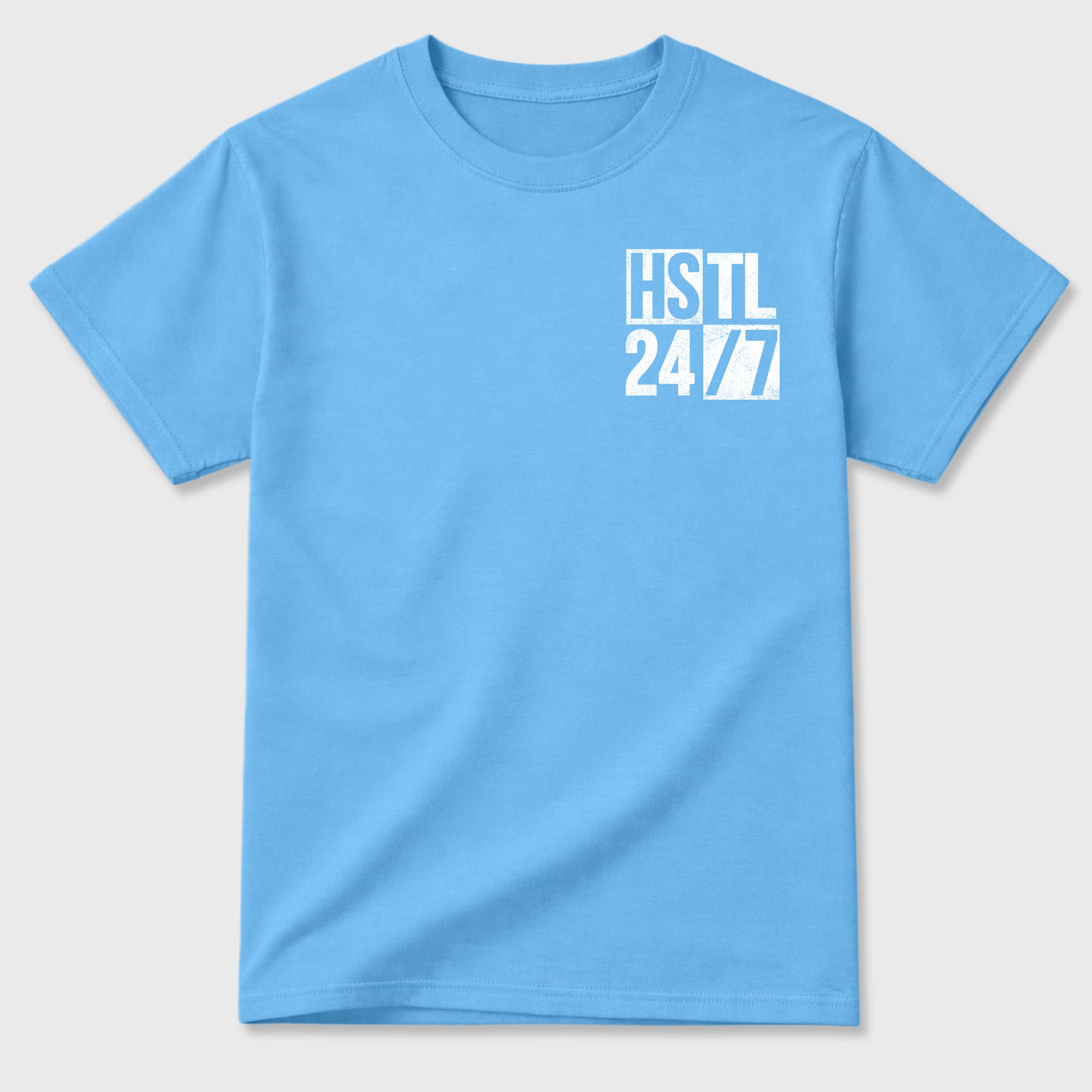 Hustle 247 double side sneaker match graphic tee styled to complete your fit with the Air Jordan 11 Legend Blue, shown in Carolina Blue.