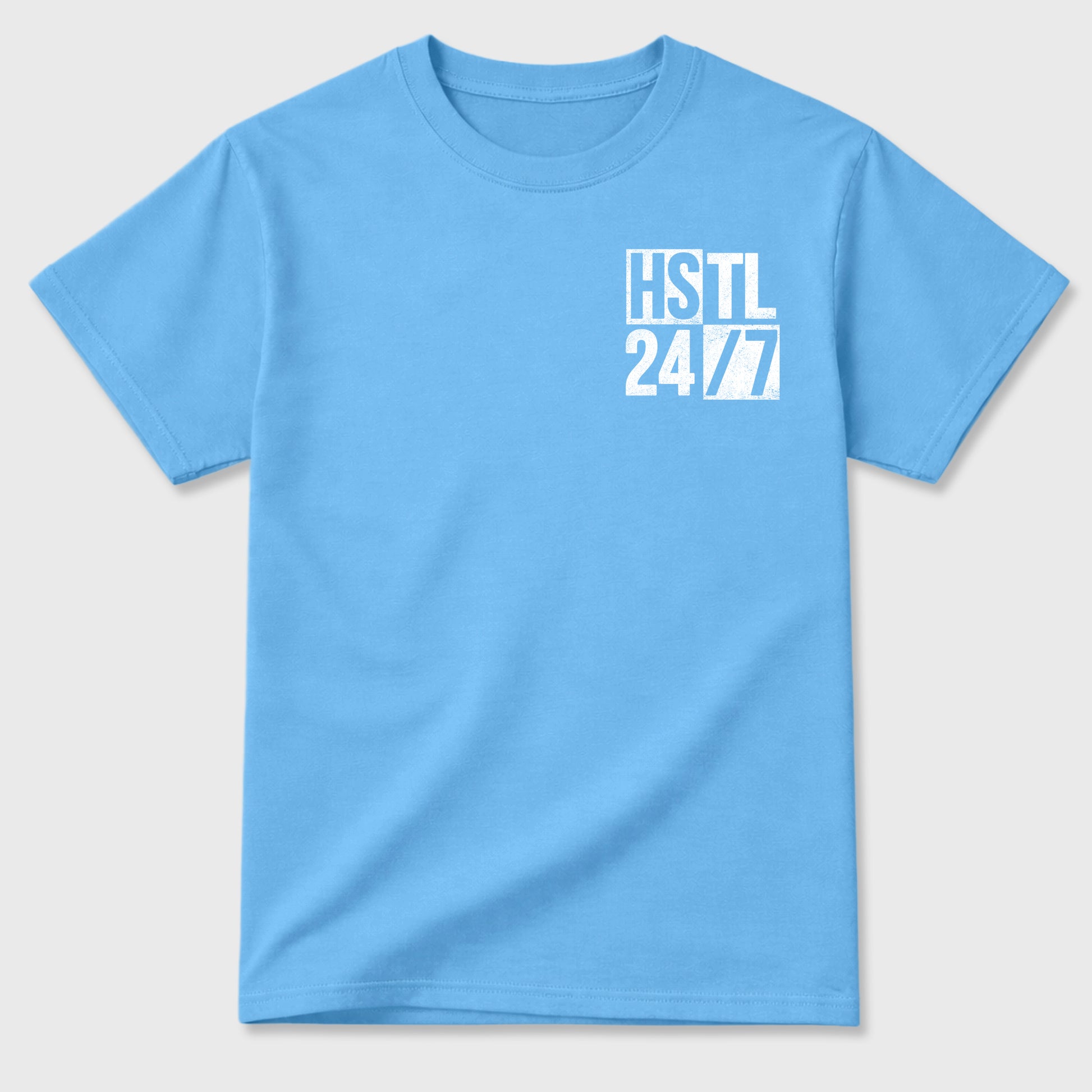 Hustle 247 double side sneaker match graphic tee styled to complete your fit with the Air Jordan 11 Legend Blue, shown in Carolina Blue.