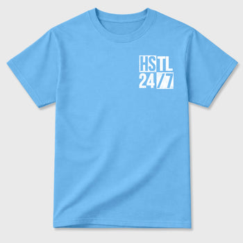 Hustle 247 double side sneaker match graphic tee styled to complete your fit with the Air Jordan 11 Legend Blue, shown in Carolina Blue.