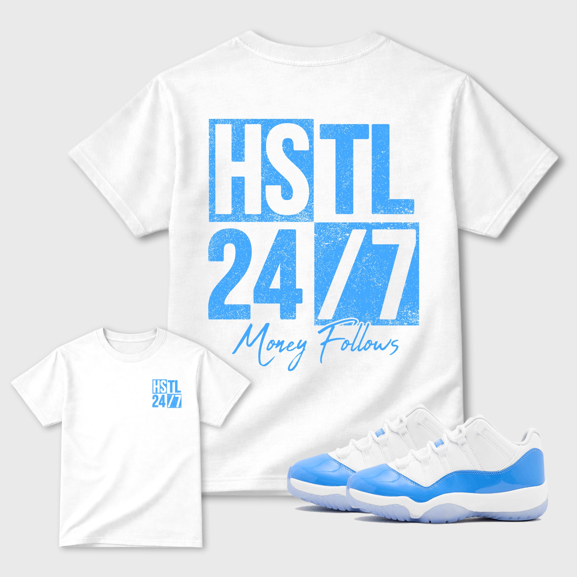 Hustle 247 double side sneaker match graphic tee styled to complete your fit with the Air Jordan 11 Legend Blue Air Jordan 11 Legend Blue, shown in White.