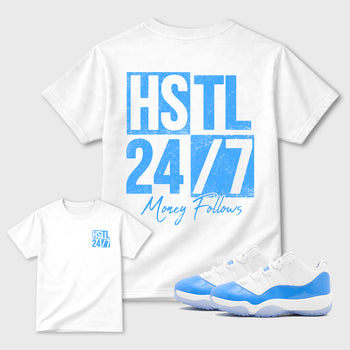 Hustle 247 double side sneaker match graphic tee styled to complete your fit with the Air Jordan 11 Legend Blue Air Jordan 11 Legend Blue, shown in White.