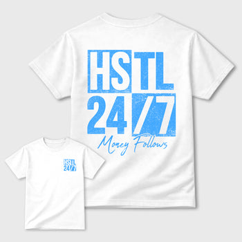 Hustle 247 double side sneaker match graphic tee styled to complete your fit with the Air Jordan 11 Legend Blue, shown in White.