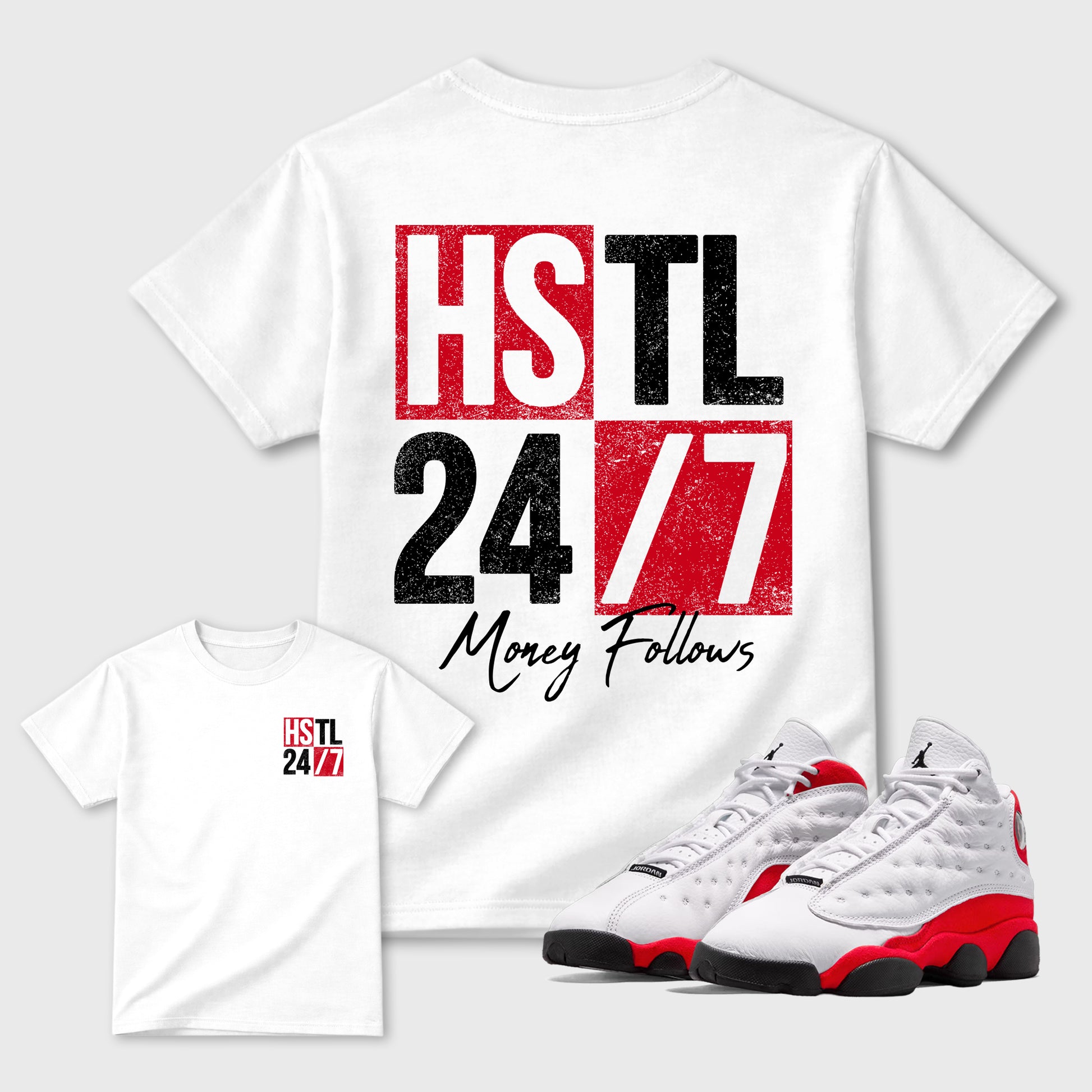 Hustle 247 sneaker match t-shirt styled to complete your fit with the Air Jordan 13 University Red sneakers, shown in White.