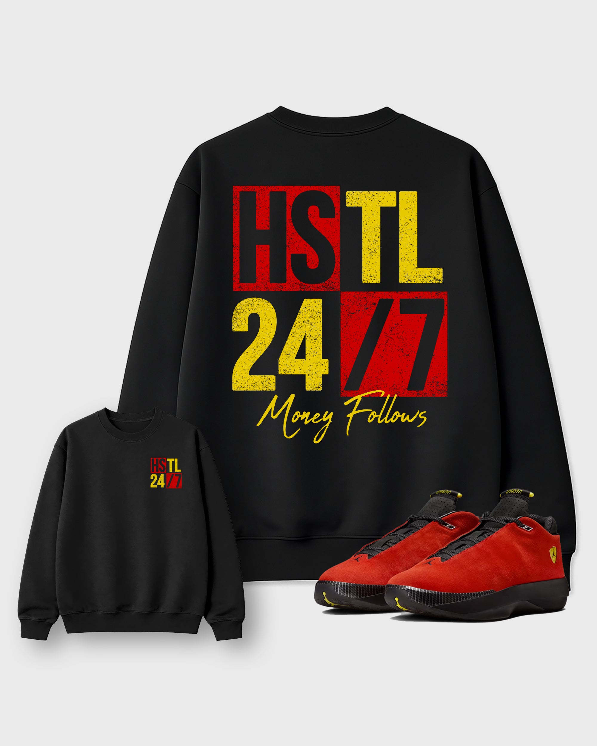 Hustle 247 Black Graphic Sweatshirt - 1, a sneaker matching sweatshirt designed to coordinate with Air Jordan 40 "14" Challenge Red and ferrari sneakers for a complete sneaker outfit.