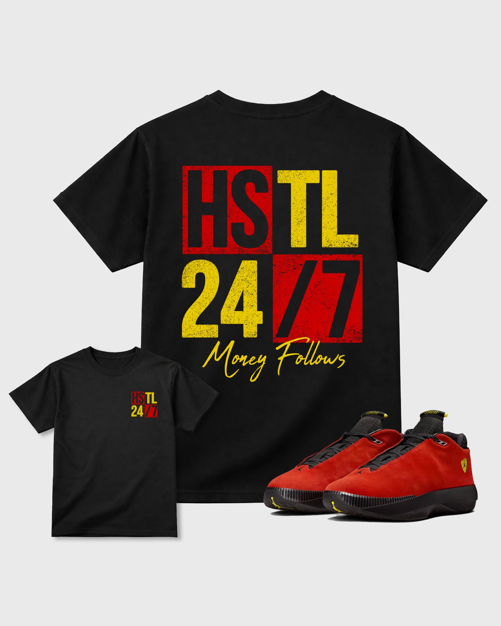Hustle 247 Black Graphic T-Shirt - 1, sneaker matching tee designed to match Air Jordan 40 "14" Challenge Red and ferrari sneakers for a coordinated sneaker outfit.