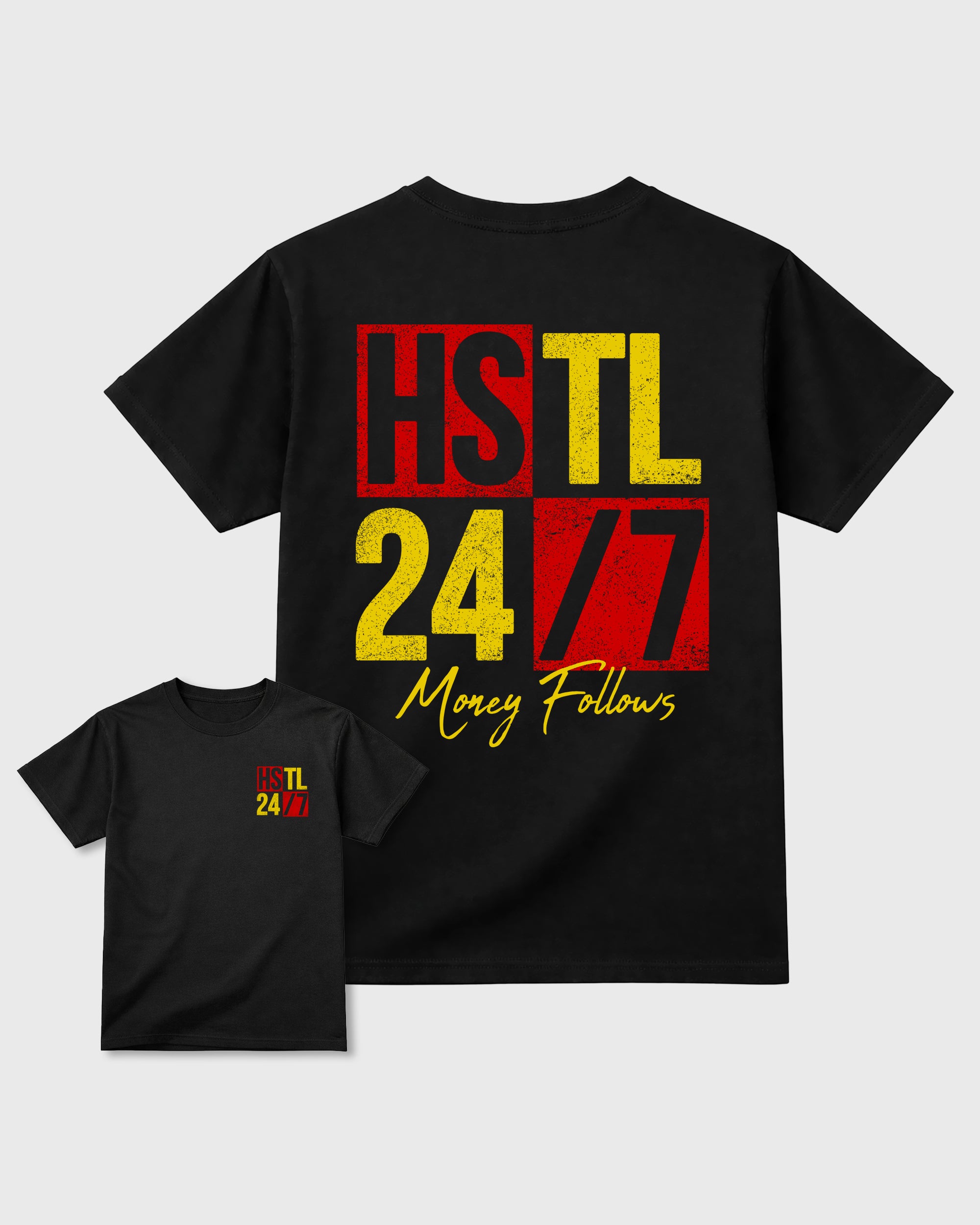 Hustle 247 Black Graphic T-Shirt - 3, sneaker matching shirt designed to pair with Air Jordan 40 "14" Challenge Red and ferrari sneakers for a coordinated streetwear outfit.
