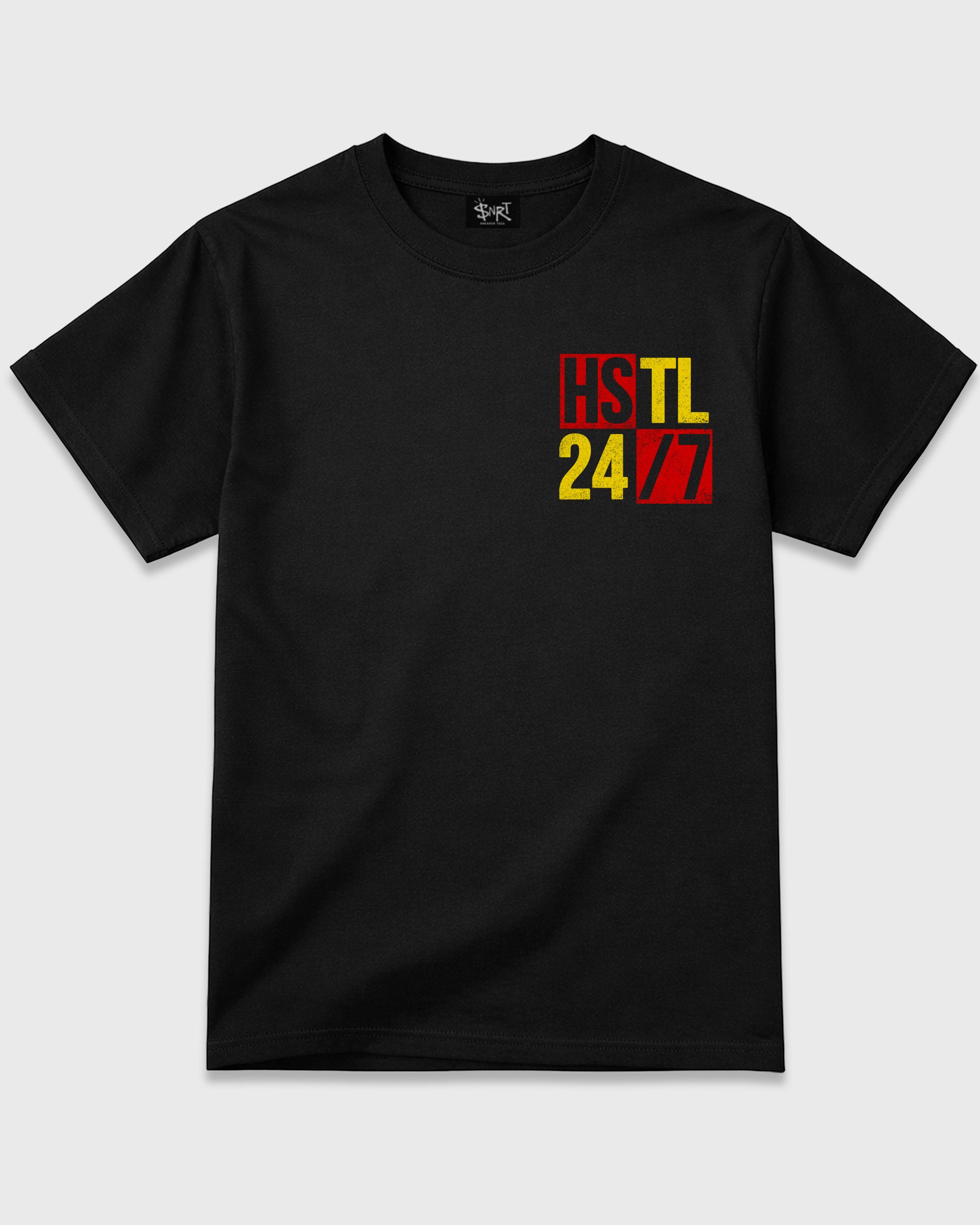 Hustle 247 Black Graphic T-Shirt - 3, sneaker matching shirt designed to pair with Air Jordan 40 "14" Challenge Red and ferrari sneakers for a coordinated streetwear outfit.