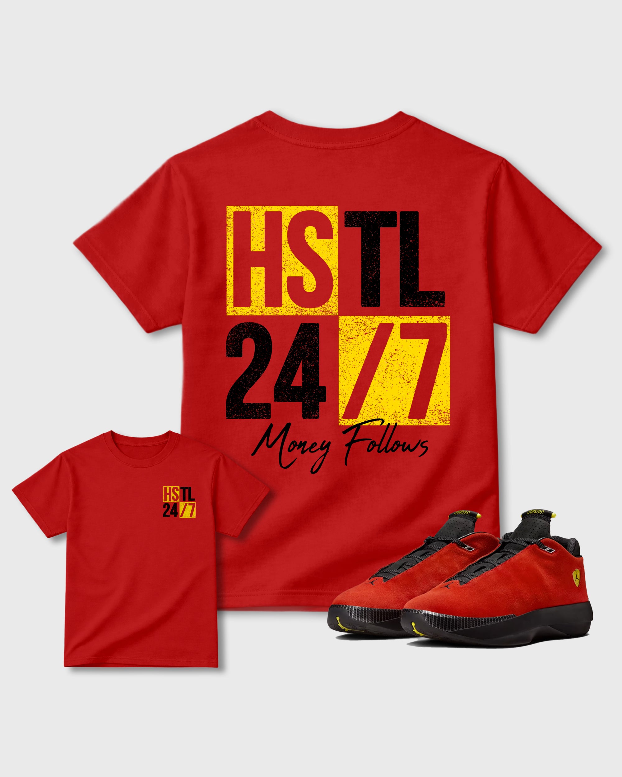Hustle 247 Red Graphic T-Shirt - 3, sneaker matching shirt designed to pair with Air Jordan 40 "14" Challenge Red and ferrari sneakers for a coordinated streetwear outfit.
