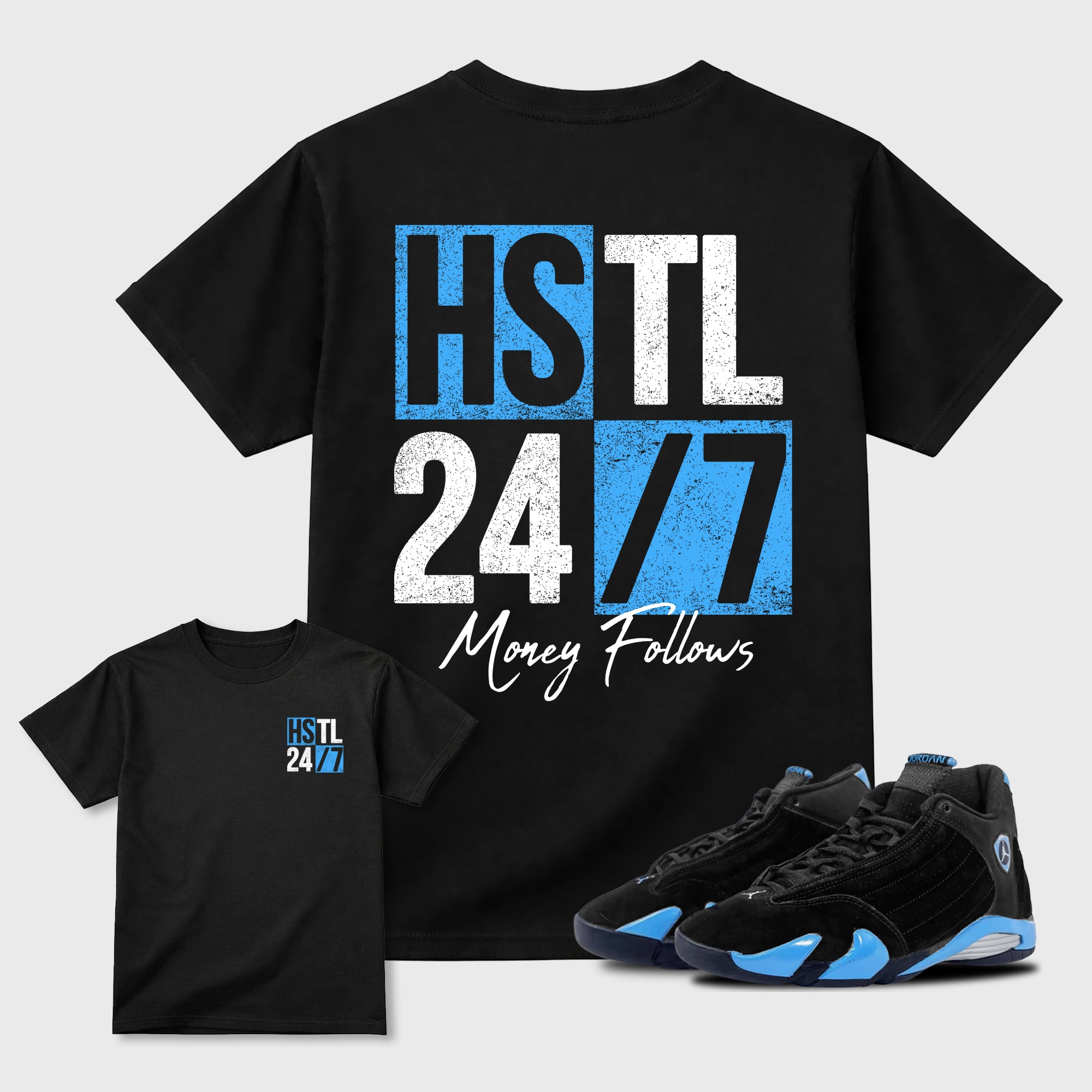 Hustle 247 sneaker match t-shirt styled to complete your fit with the Air Jordan 14 University Blue sneakers, shown in Black.
