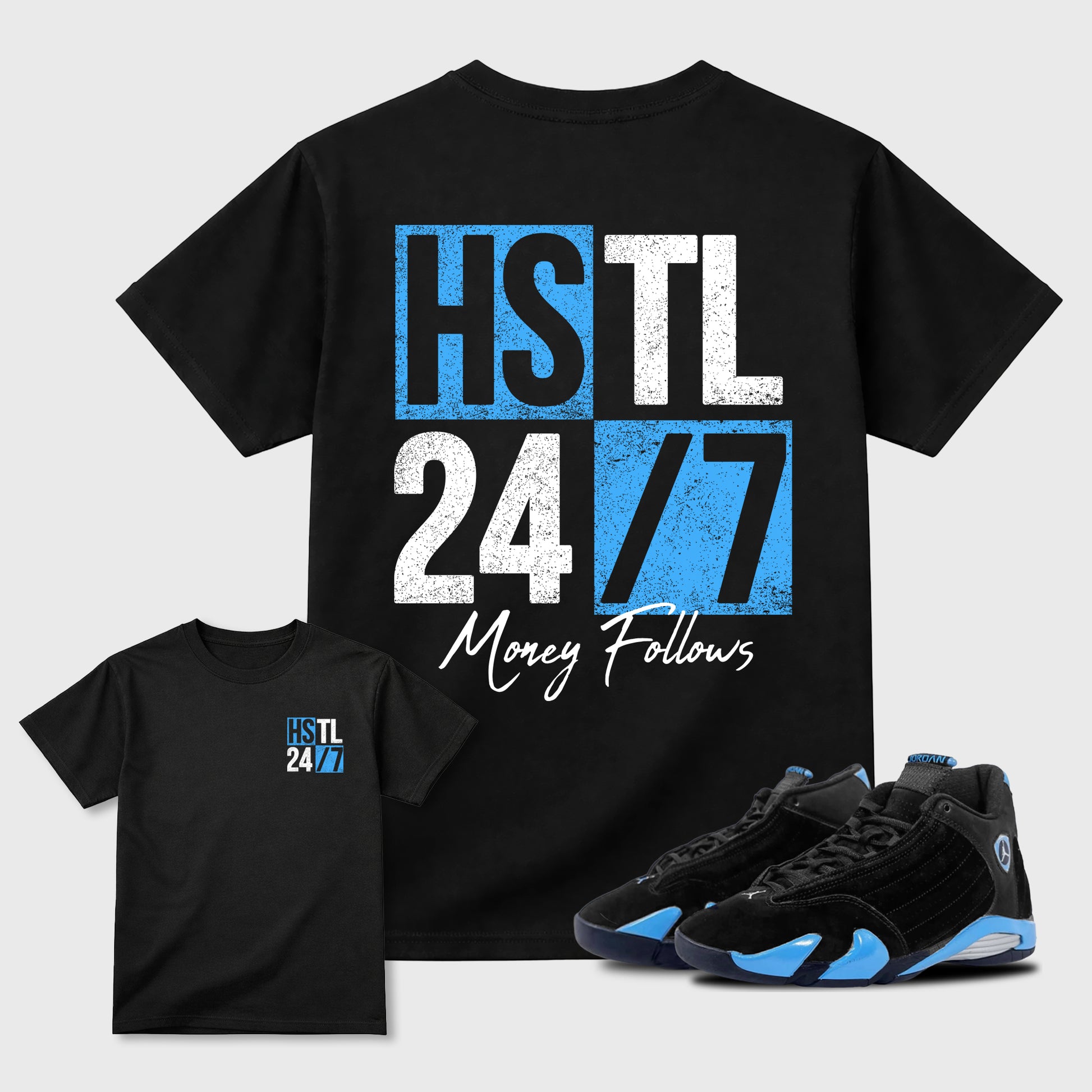 Hustle 247 sneaker match t-shirt styled to complete your fit with the Air Jordan 14 University Blue sneakers, shown in Black.