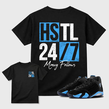 Hustle 247 sneaker match t-shirt styled to complete your fit with the Air Jordan 14 University Blue sneakers, shown in Black.