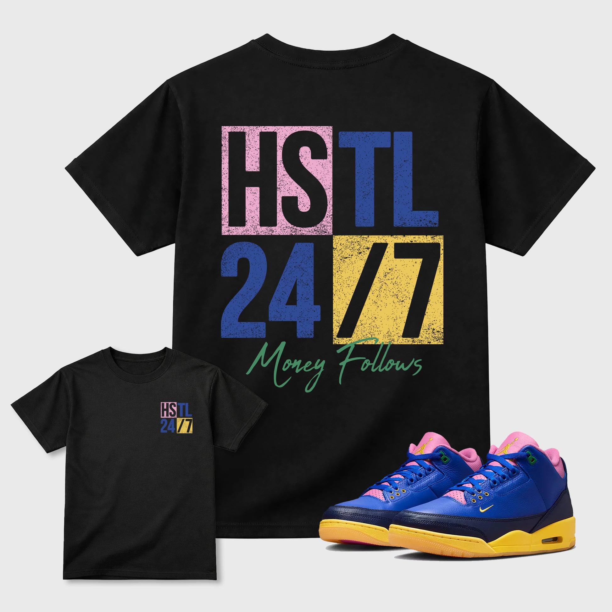 Hustle 247 Graphic T-Shirt sneaker match tee designed for the sneakers, featuring coordinated color options for a perfect streetwear match. Black shirt.