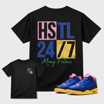 Hustle 247 Graphic T-Shirt sneaker match tee designed for the sneakers, featuring coordinated color options for a perfect streetwear match. Black shirt.