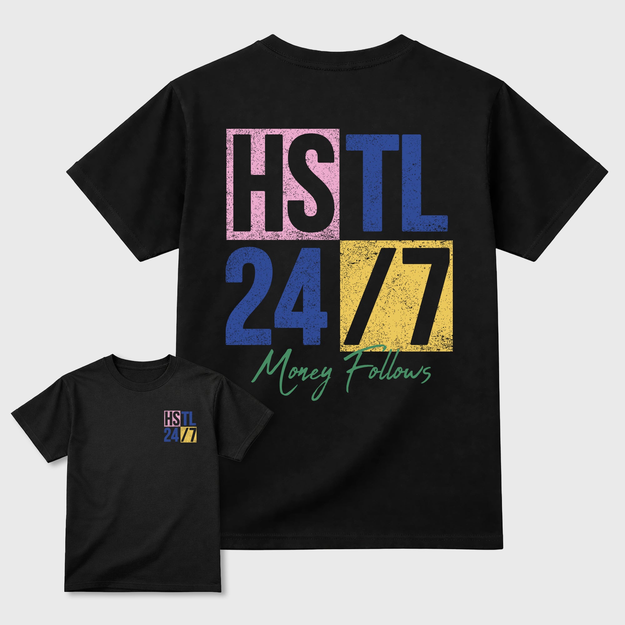 Hustle 247 Graphic T-Shirt sneaker match tee designed for the sneakers, featuring coordinated color options for a perfect streetwear match. Black shirt.
