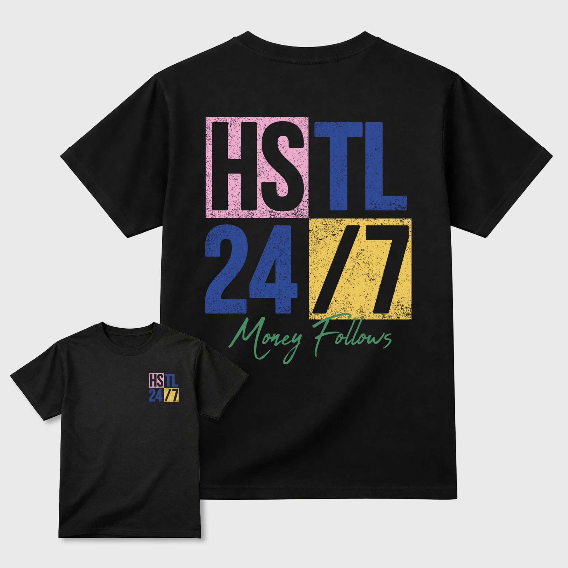 Hustle 247 Graphic T-Shirt sneaker match tee designed for the sneakers, featuring coordinated color options for a perfect streetwear match. Black shirt.