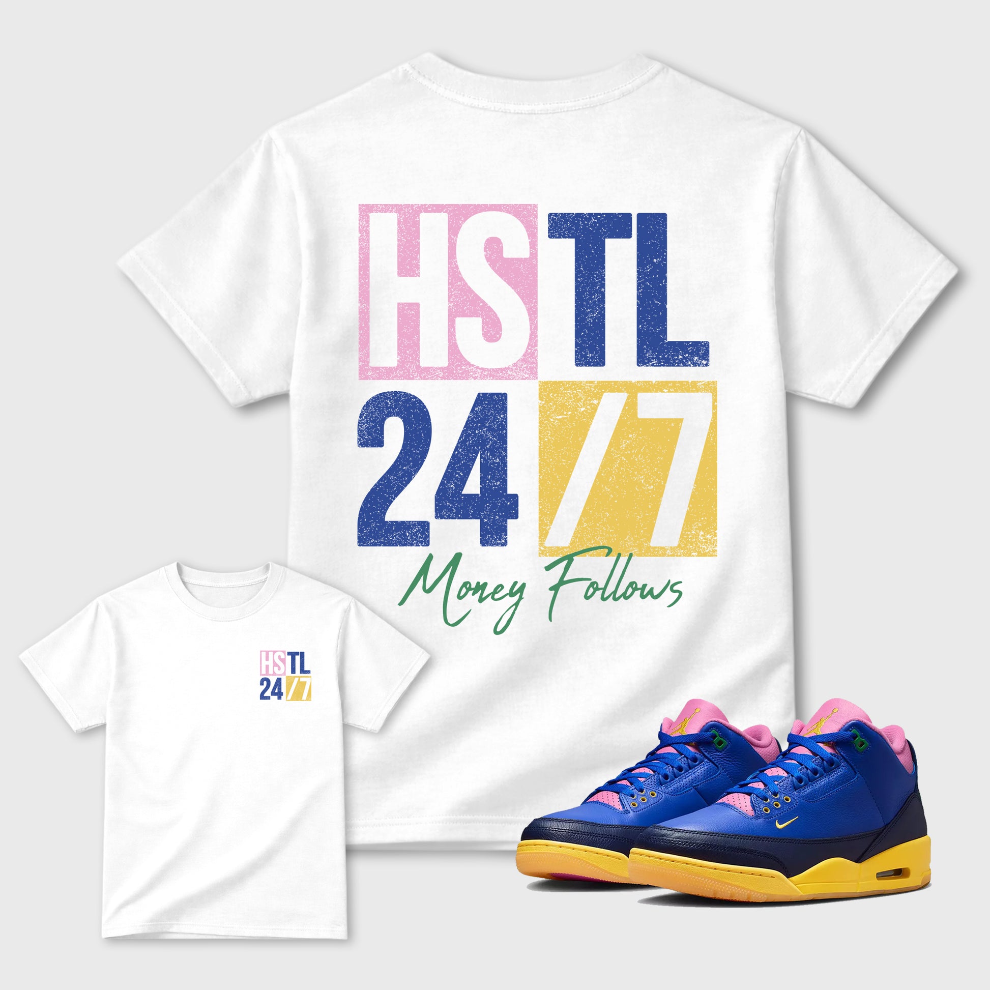 Hustle 247 Graphic T-Shirt sneaker match tee designed for the Air Jordan 3 Brazil sneakers, featuring coordinated color options for a perfect streetwear match. White shirt.
