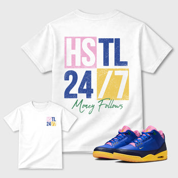 Hustle 247 Graphic T-Shirt sneaker match tee designed for the Air Jordan 3 Brazil sneakers, featuring coordinated color options for a perfect streetwear match. White shirt.
