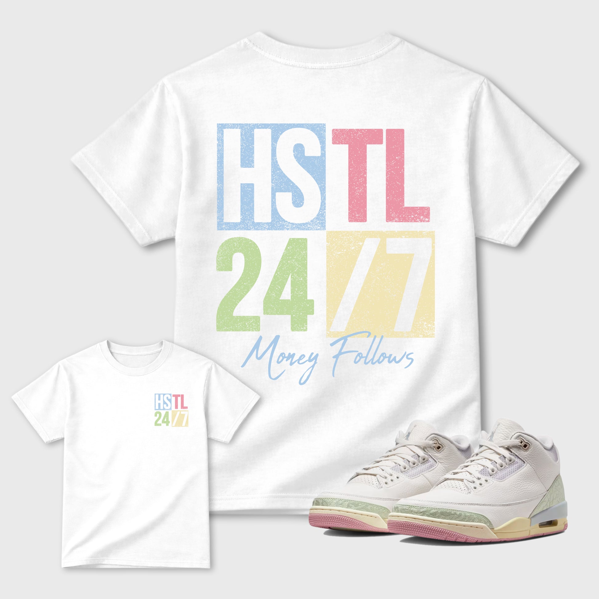 Hustle 247 sneaker match t-shirt styled to complete your fit with the Air Jordan 3 Jade Aura sneakers, shown in White.