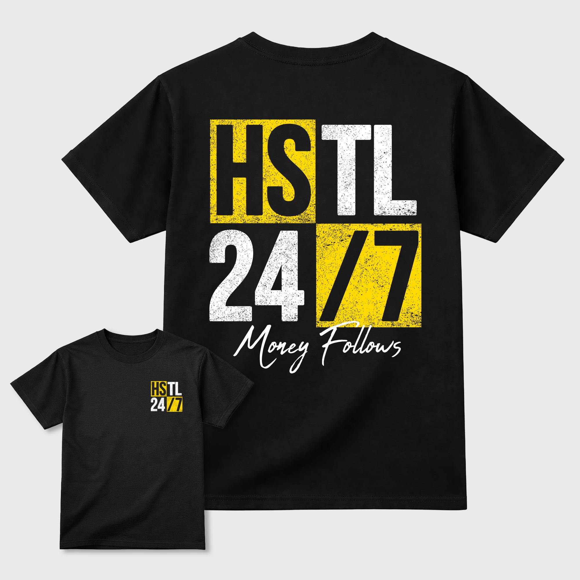 Hustle 247 Graphic T-Shirt featuring original streetwear artwork designed to complement the bold Tour Yellow and Dark Blue Grey accents of the Air Jordan 4 Tour Yellow. Black Graphic T-Shirt.