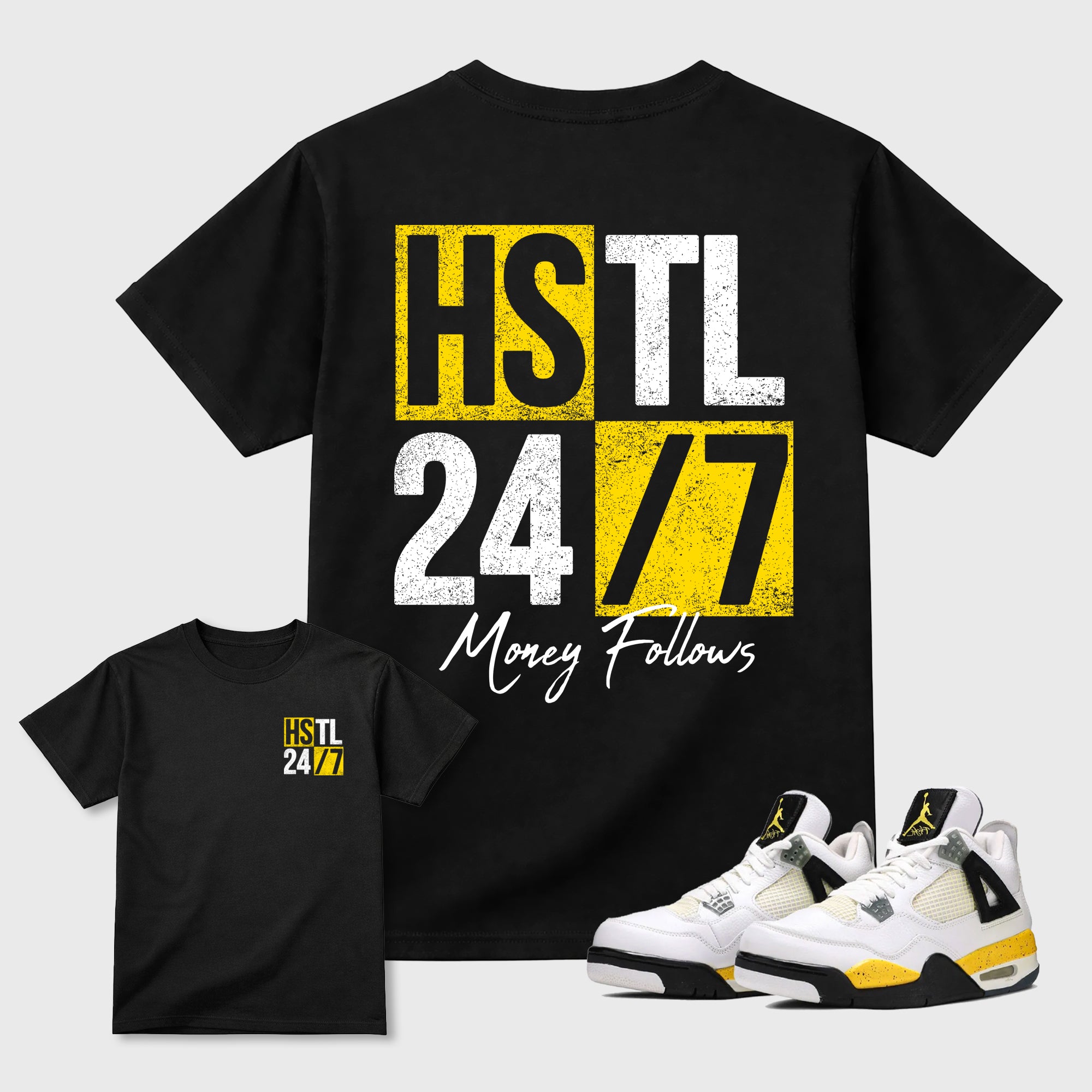 Hustle 247 Graphic T-Shirt featuring original streetwear artwork designed to complement the bold Tour Yellow and Dark Blue Grey accents of the Air Jordan 4 Tour Yellow. Black Graphic T-Shirt.