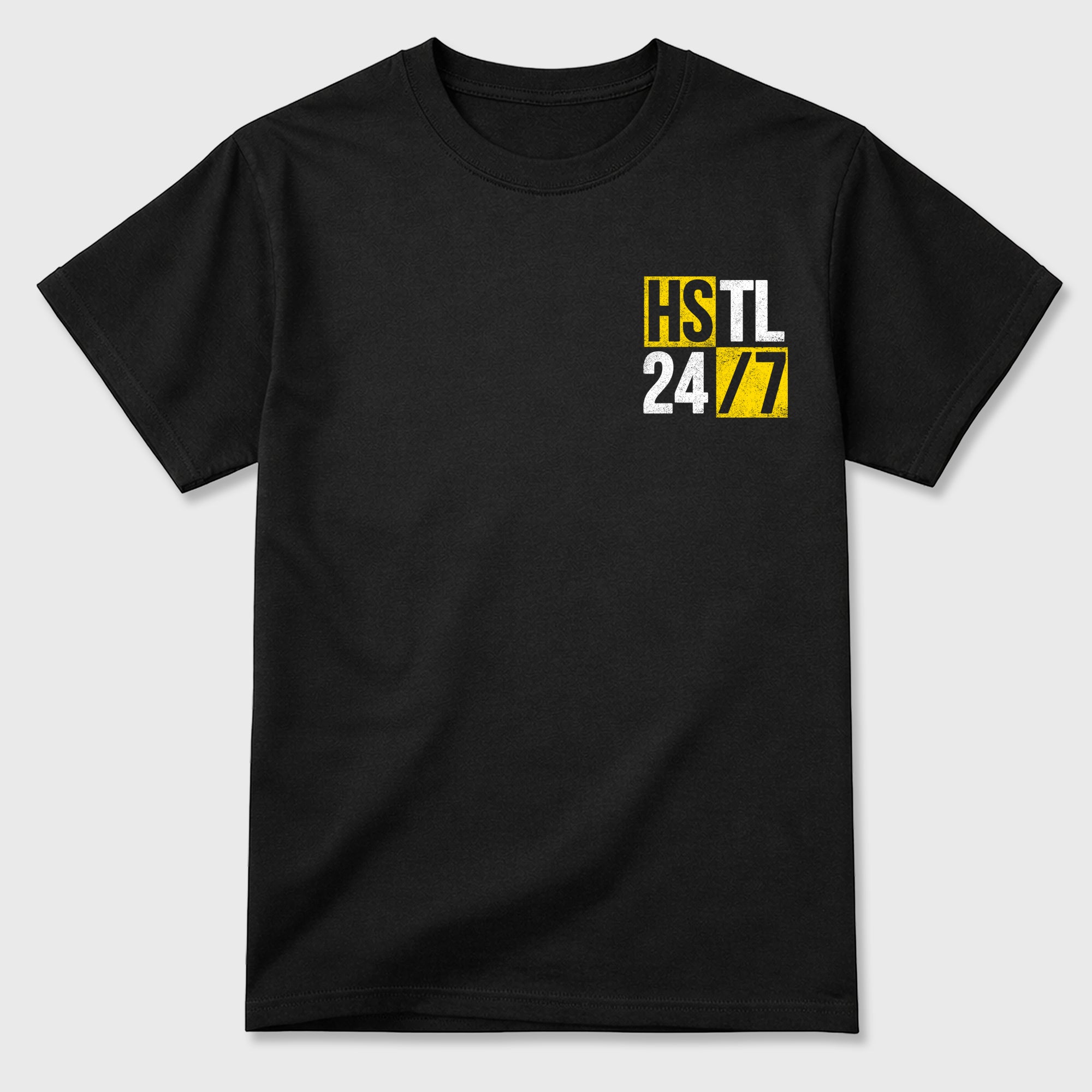 Hustle 247 Graphic T-Shirt featuring original streetwear artwork designed to complement the bold Tour Yellow and Dark Blue Grey accents of the Air Jordan 4 Tour Yellow. Black Graphic T-Shirt.