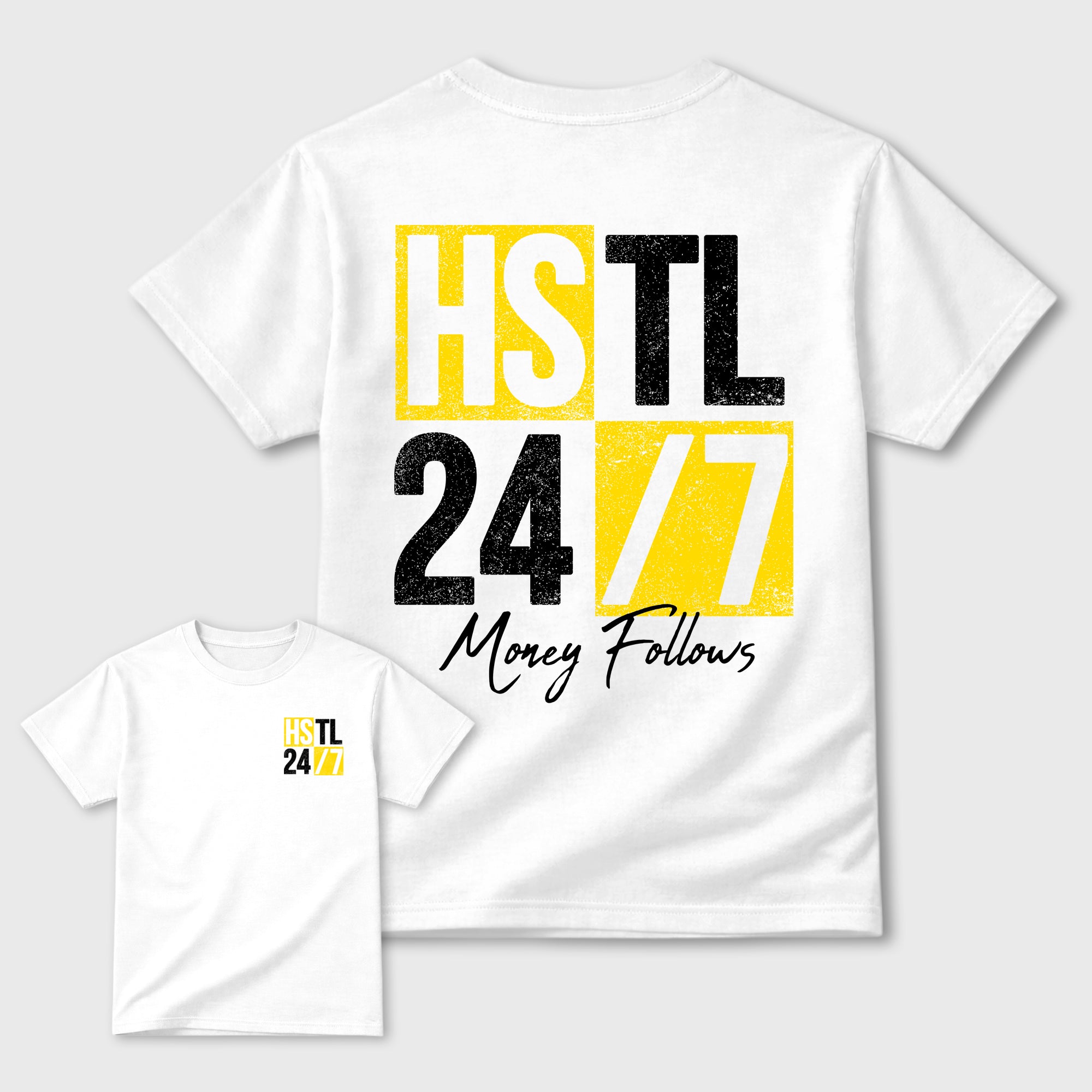 Hustle 247 Graphic T-Shirt featuring original streetwear artwork designed to complement the bold Tour Yellow and Dark Blue Grey accents of the Air Jordan 4 Tour Yellow. White Graphic T-Shirt.