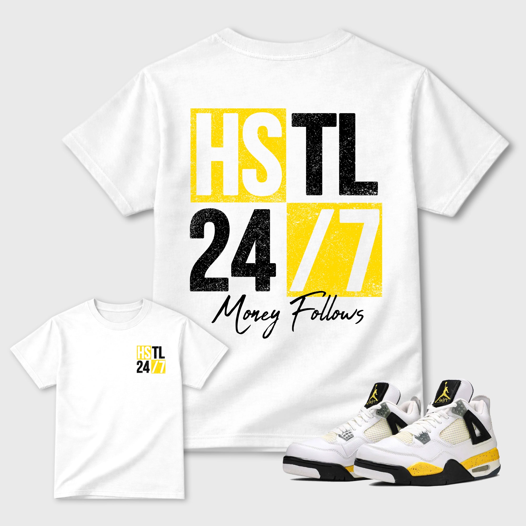 Hustle 247 Graphic T-Shirt featuring original streetwear artwork designed to complement the bold Tour Yellow and Dark Blue Grey accents of the Air Jordan 4 Tour Yellow. White Graphic T-Shirt.