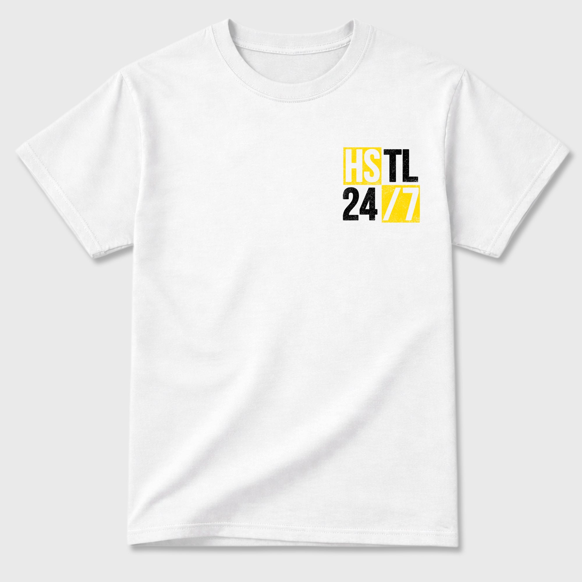 Hustle 247 Graphic T-Shirt featuring original streetwear artwork designed to complement the bold Tour Yellow and Dark Blue Grey accents of the Air Jordan 4 Tour Yellow. White Graphic T-Shirt.