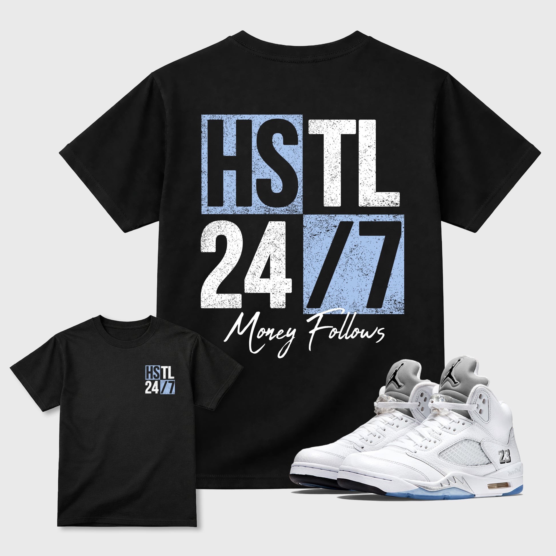 Hustle 247 front and back graphic t-shirt styled to complete your outfit with the5s White Metallic, shown in Black.