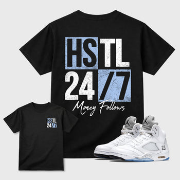 Hustle 247 front and back graphic t-shirt styled to complete your outfit with the5s White Metallic, shown in Black.