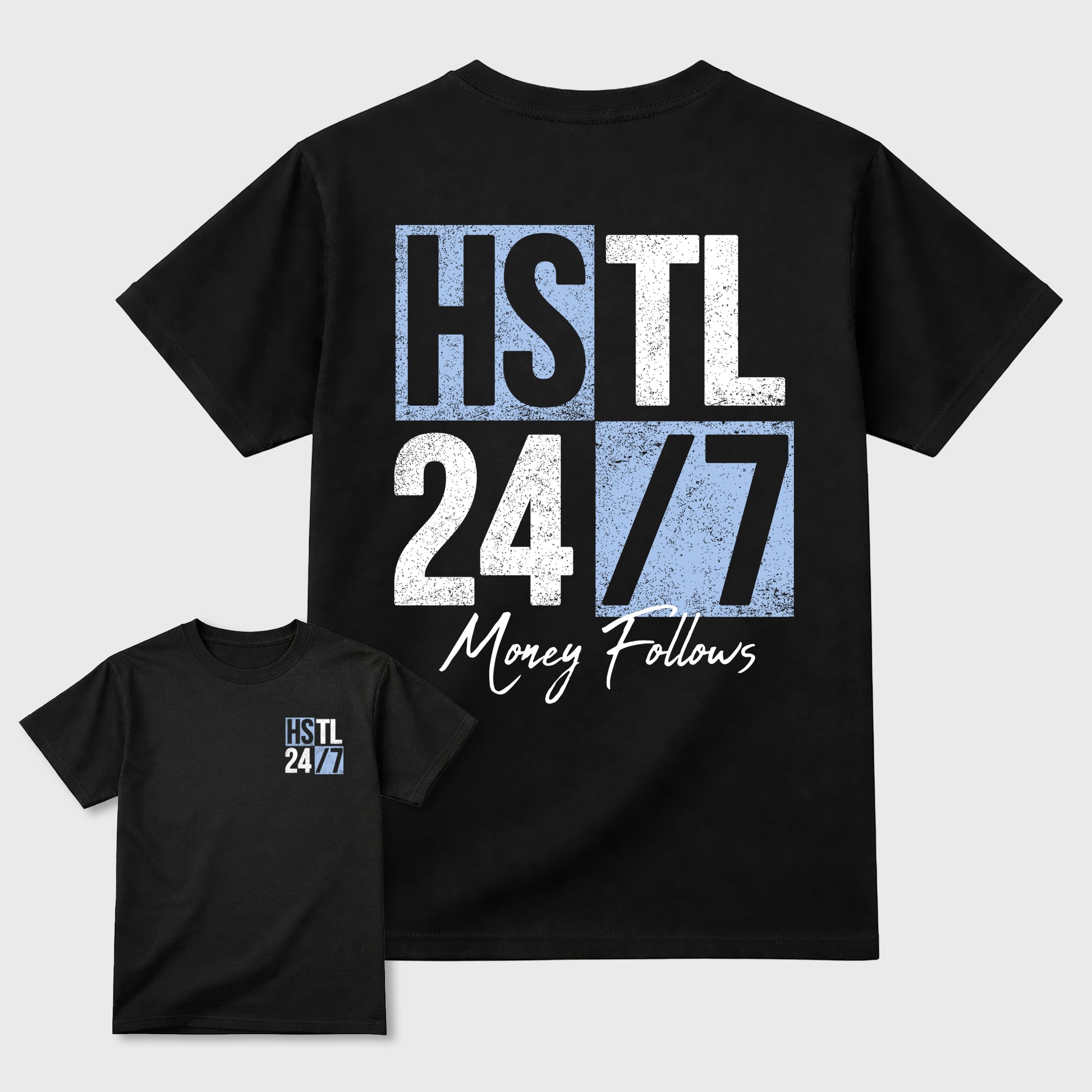 Hustle 247 front and back graphic t-shirt styled to complete your outfit with the5s White Metallic, shown in Black.