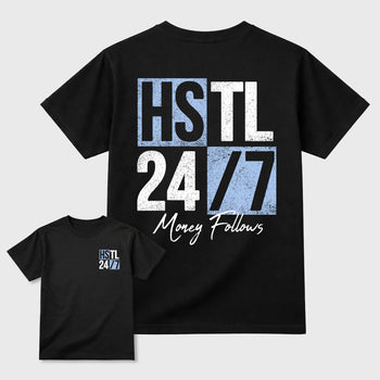 Hustle 247 front and back graphic t-shirt styled to complete your outfit with the5s White Metallic, shown in Black.
