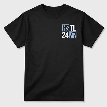 Hustle 247 front and back graphic t-shirt styled to complete your outfit with the5s White Metallic, shown in Black.