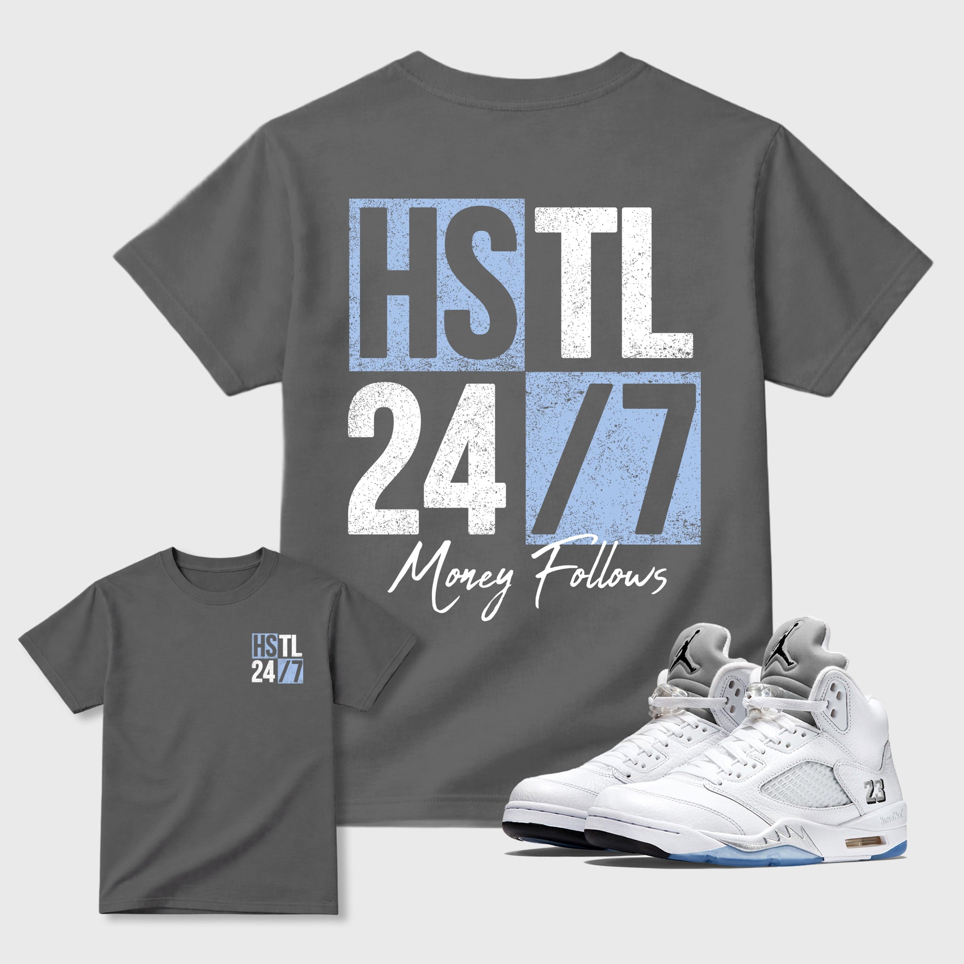 Hustle 247 front and back graphic t-shirt styled to complete your outfit with the5s White Metallic, shown in Cool Grey.