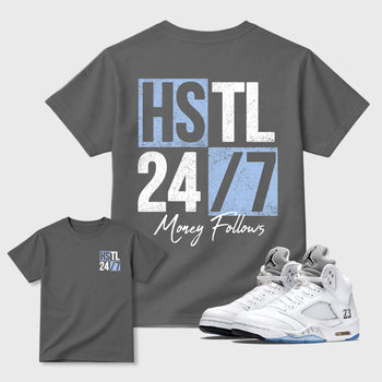 Hustle 247 front and back graphic t-shirt styled to complete your outfit with the5s White Metallic, shown in Cool Grey.