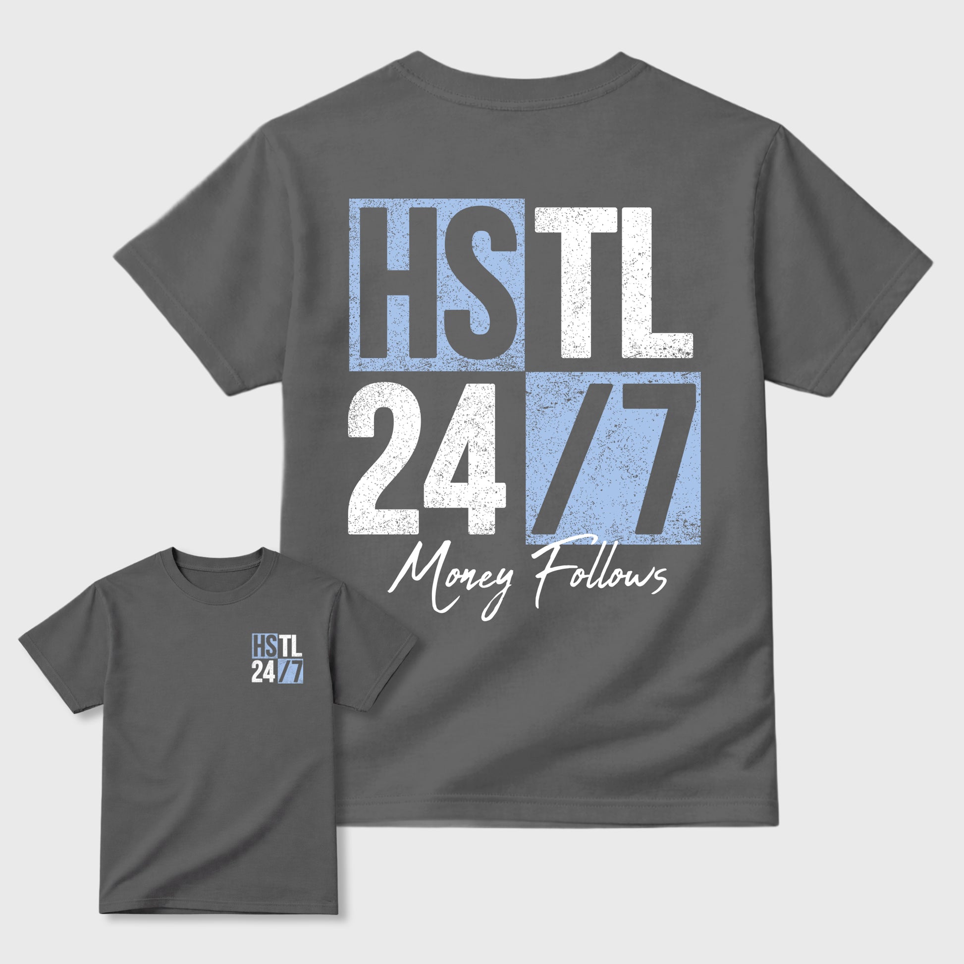 Hustle 247 front and back graphic t-shirt styled to complete your outfit with the5s White Metallic, shown in Cool Grey.