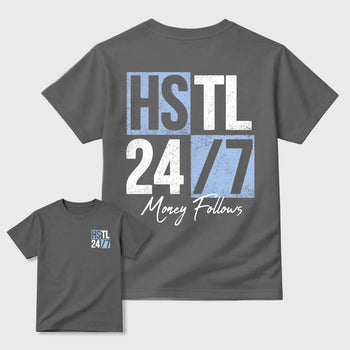 Hustle 247 front and back graphic t-shirt styled to complete your outfit with the5s White Metallic, shown in Cool Grey.