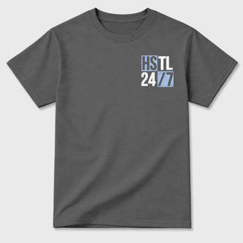 Hustle 247 front and back graphic t-shirt styled to complete your outfit with the5s White Metallic, shown in Cool Grey.